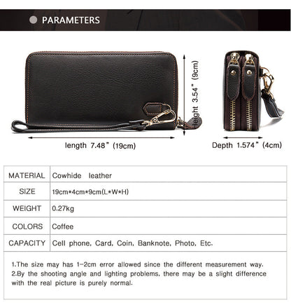 Men's Double Zipper Wallet Long First Layer Cowhide Large-capacity Handbag