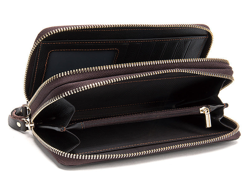 Men's Double Zipper Wallet Long First Layer Cowhide Large-capacity Handbag