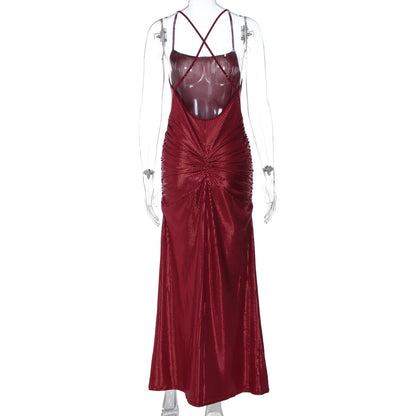 Women's Sexy Backless Gold-Embossed Pleated Bodycon Elegant Slip Dress
