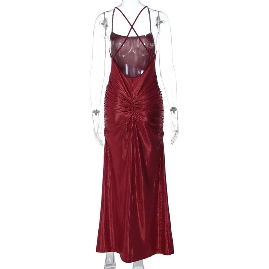 Women's Sexy Backless Gold-Embossed Pleated Bodycon Elegant Slip Dress