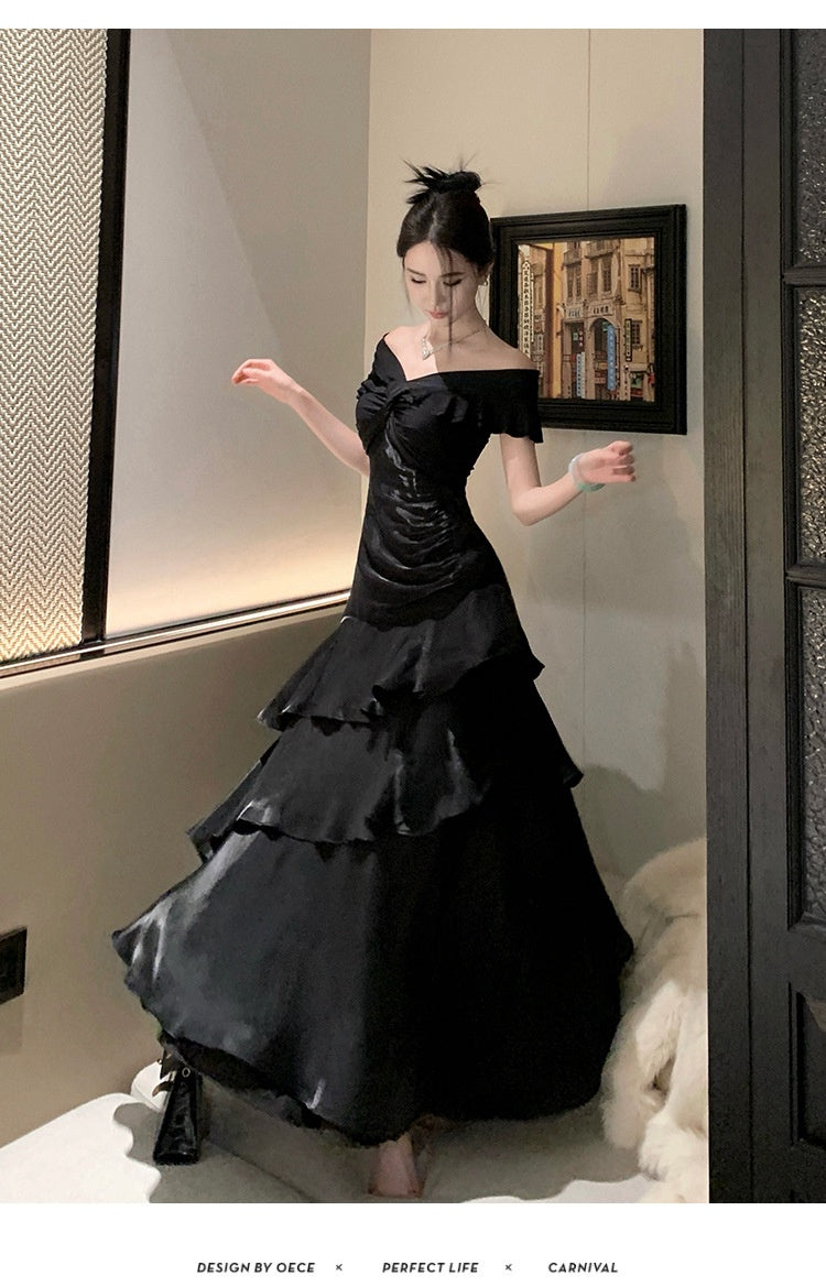 French-style Black Off-shoulder Luxury Dress