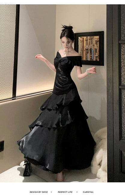 French-style Black Off-shoulder Luxury Dress