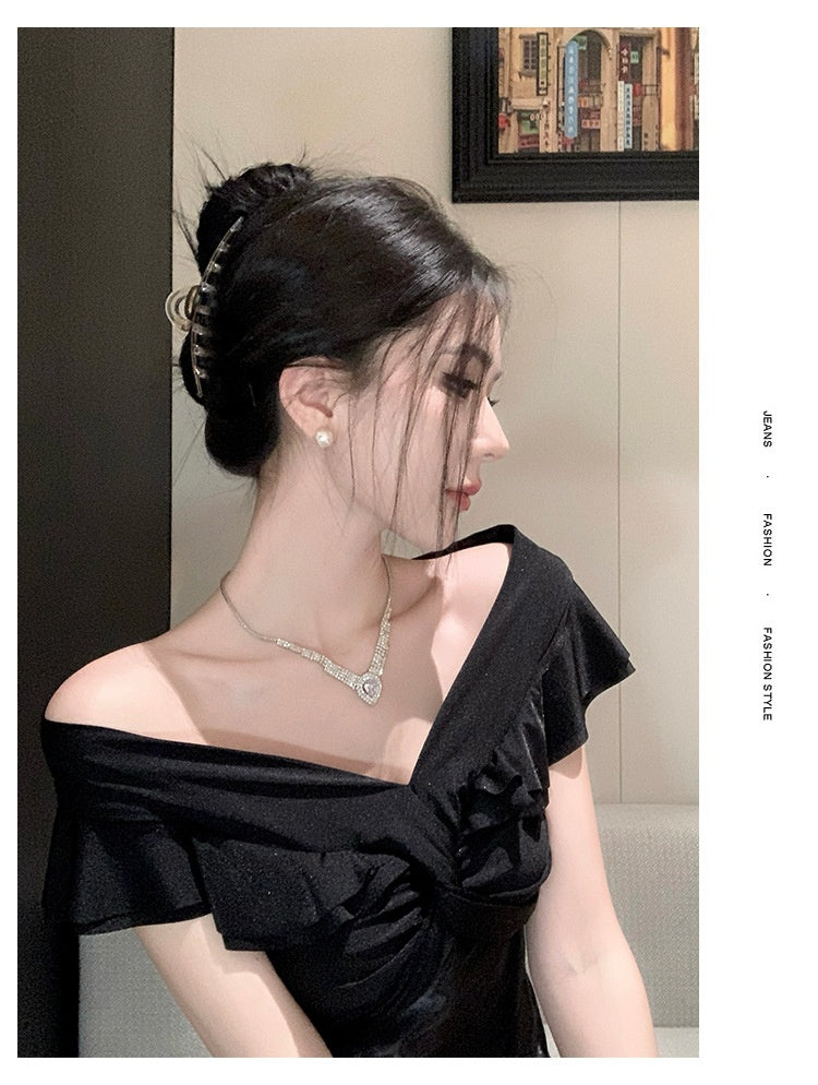 French-style Black Off-shoulder Luxury Dress